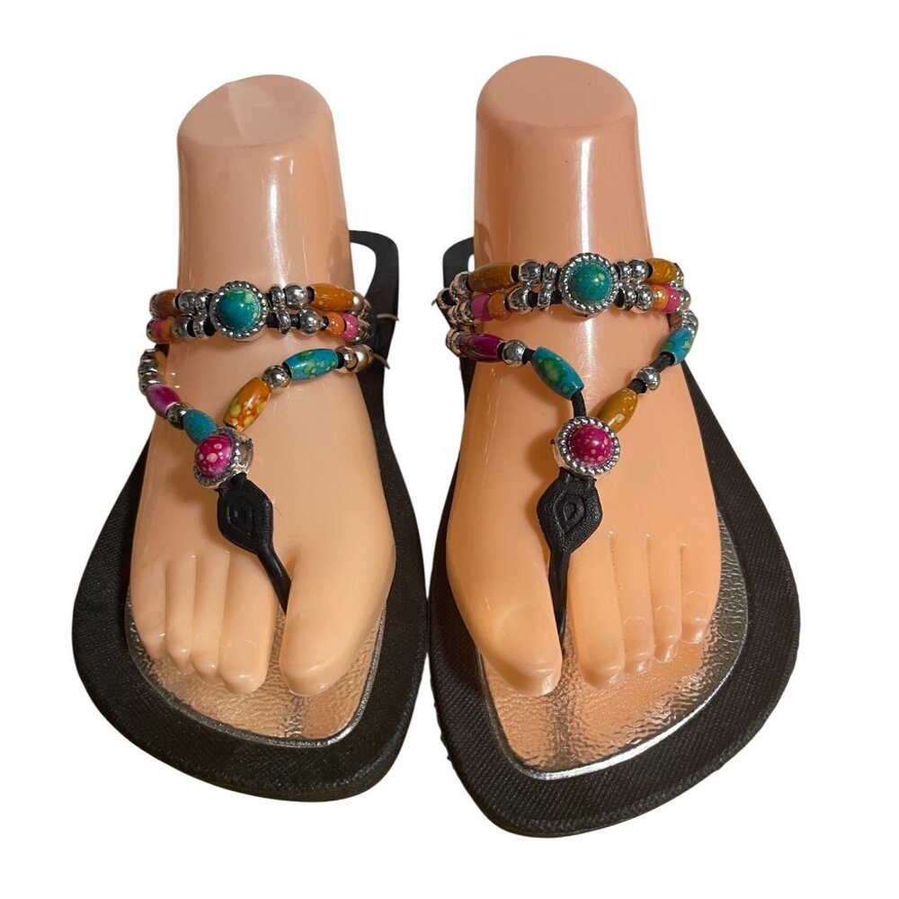 Mix & Co Beaded Sandals With Colorful Accents Size 10 Womens Black Flip Flops